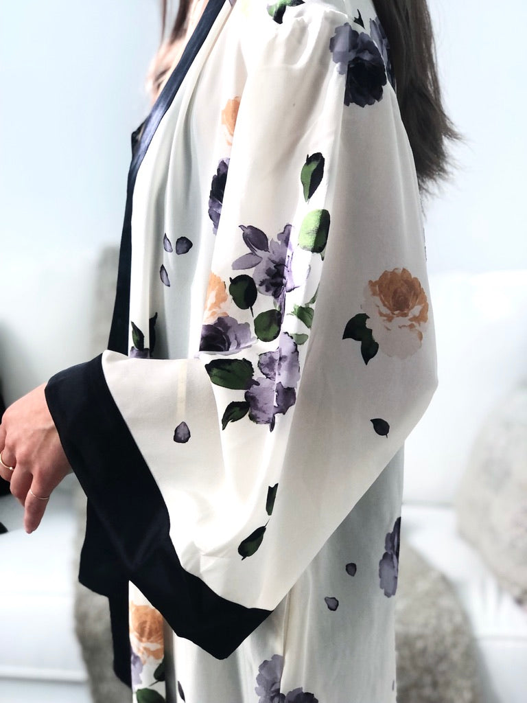 Silk Charmeuse Long Silk Robe: Garden Floral Print Robe