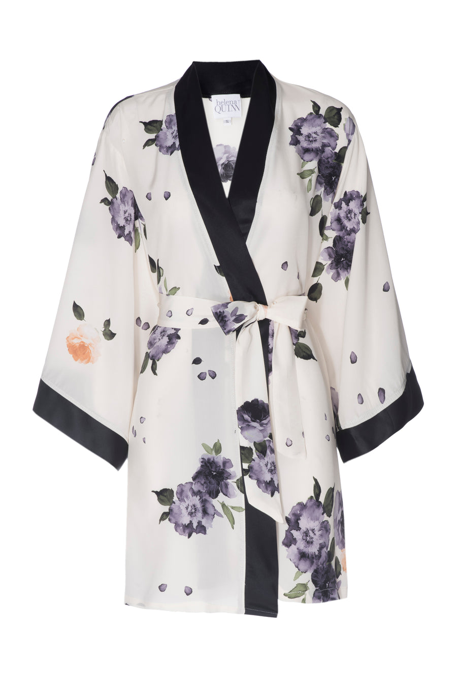 'Garden' Floral Print Silk Kimono Robe with Black Silk Contrast- Helena Quinn