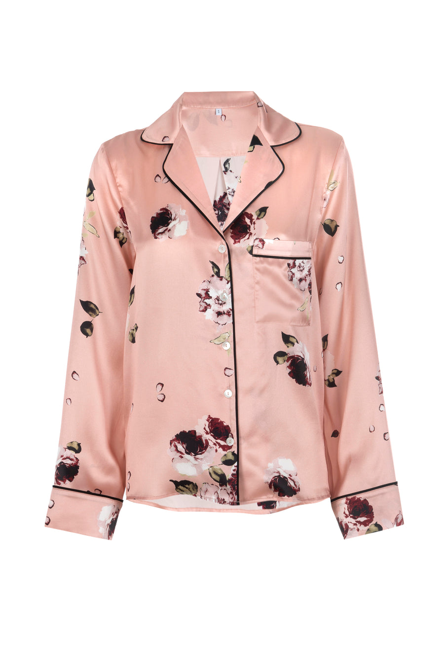 NEW Silk Charmeuse Long Sleeved PJ Top: Blush Floral Print