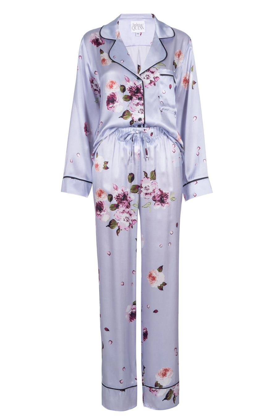 Silk Charmeuse Long Sleeved PJ Top: Light Blue Floral Print