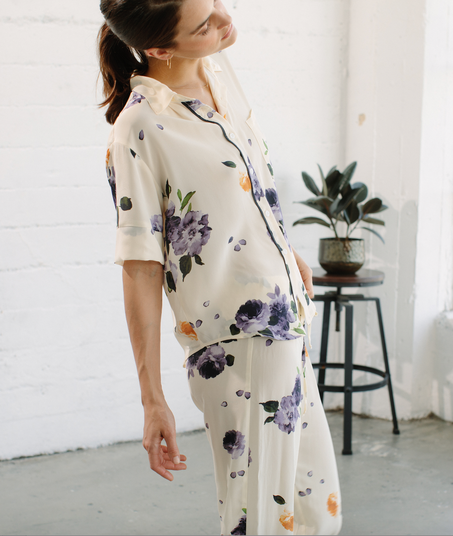 Silk  Short Sleeved PJ Top: Garden Floral Print