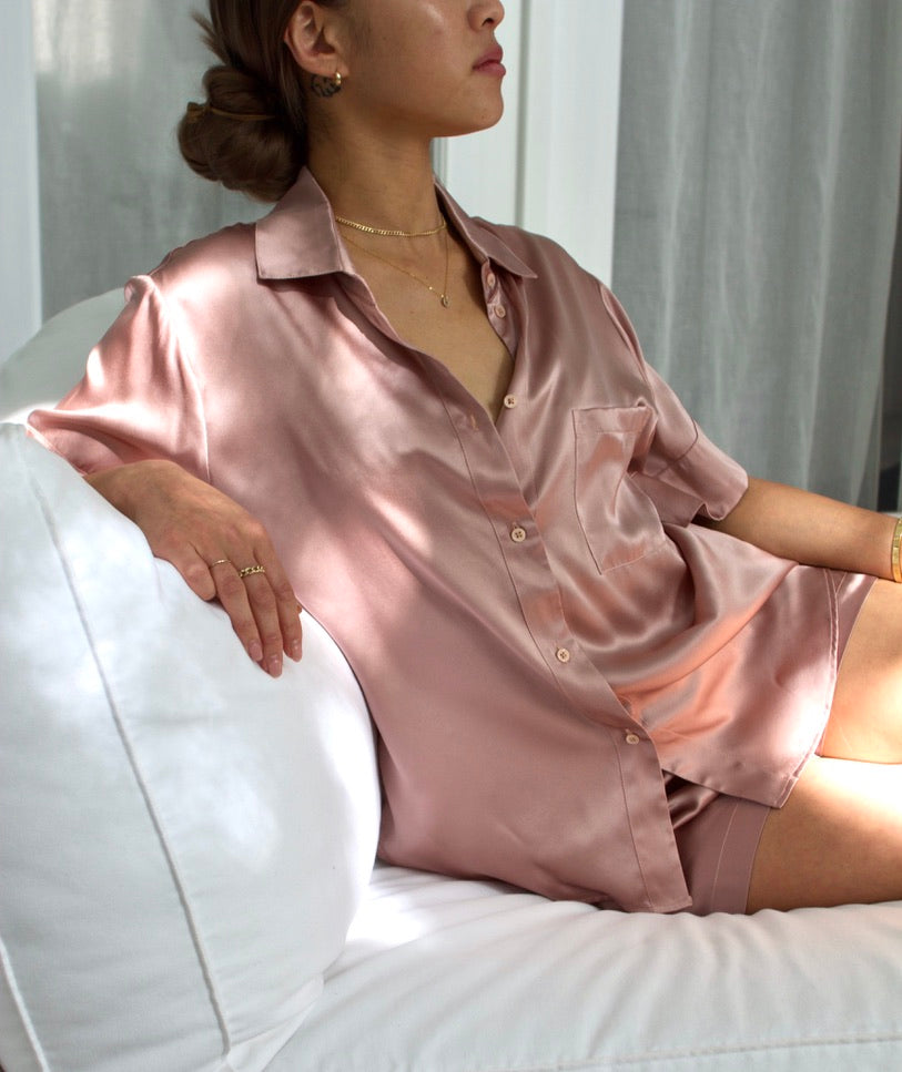 Silk Charmeuse Short Sleeved Top: Rose Gold