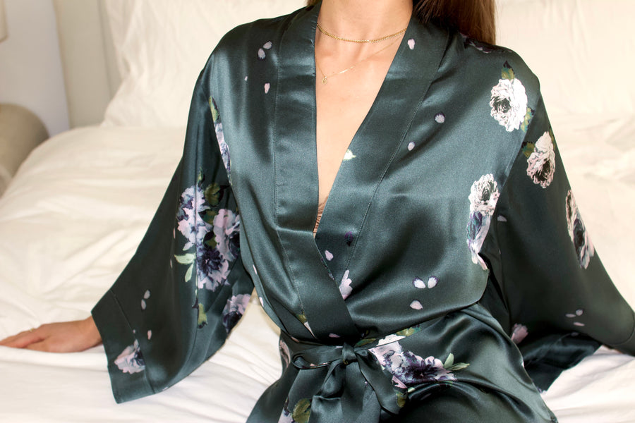 Silk Charmeuse Long Silk Robe: Emerald Rose Print Silk Robe