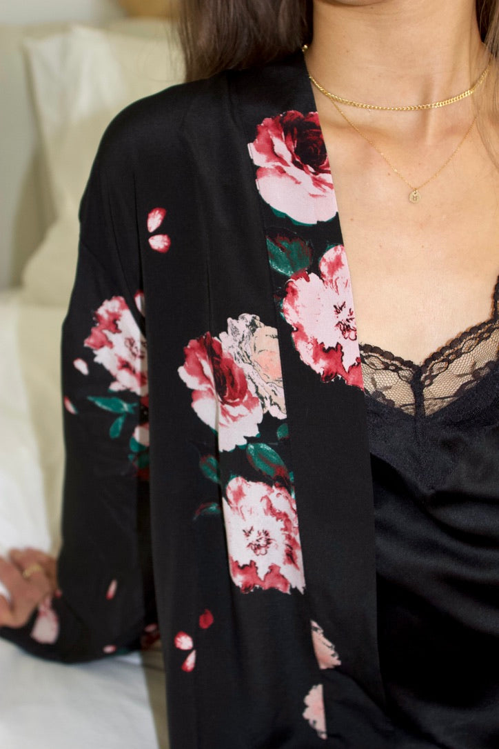 Silk Charmeuse Robe: Black Rose Print