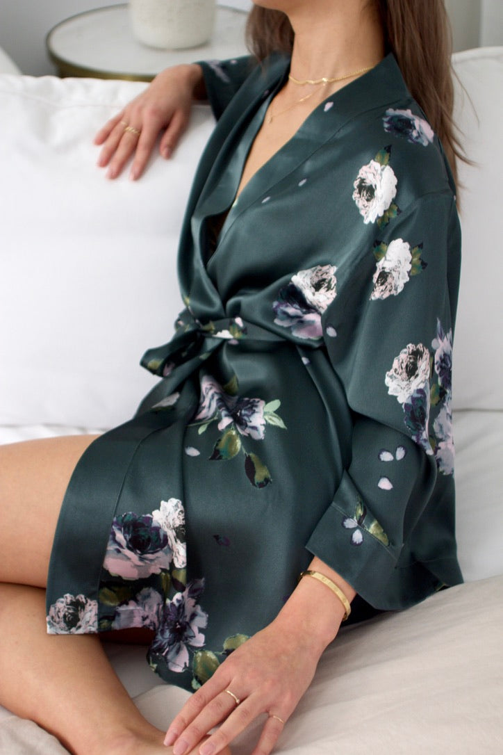 Silk Charmeuse Short Silk Robe: Emerald Rose Print