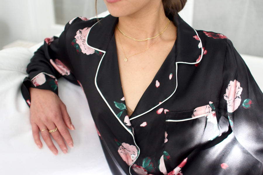 Silk Charmeuse Long Sleeved PJ Top: Black Rose Print