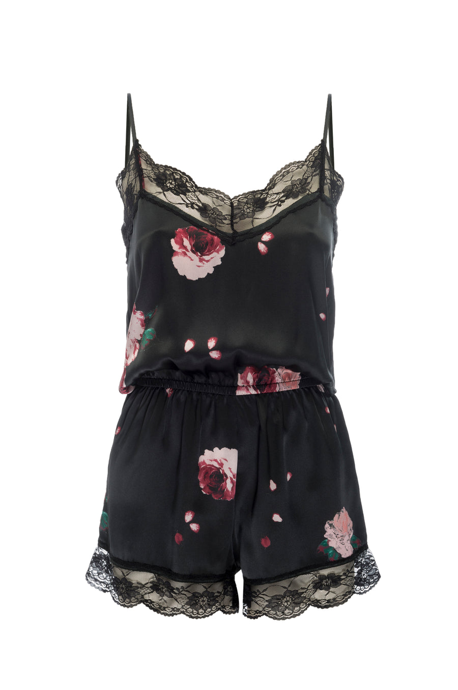 Silk Charmeuse 'Lea' Romper: Black Rose Print