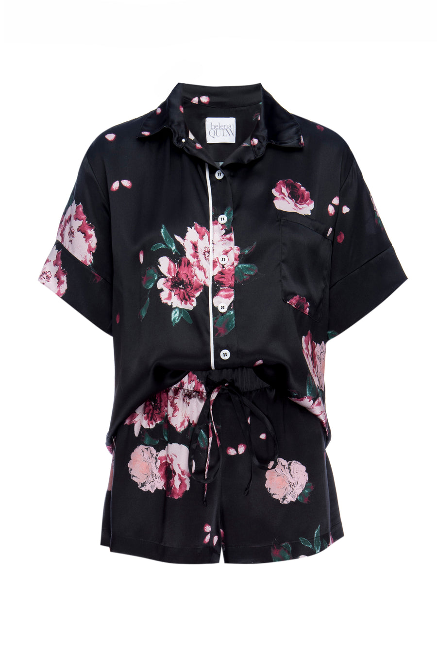 Silk Charmeuse Short Sleeved PJ Top + Short Set: Black Rose Print