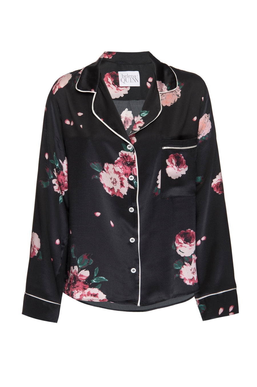 Silk Charmeuse Long Sleeved PJ Top: Black Rose Print