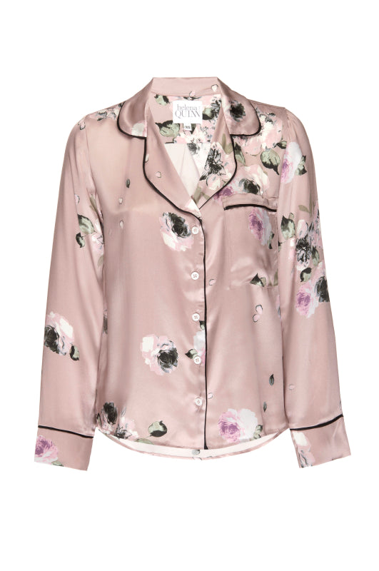 Silk Charmeuse Long Sleeved PJ Top: Champagne Floral Print