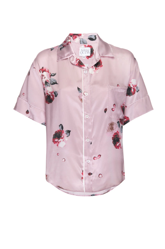 Silk Charmeuse Short Sleeved PJ Top: Blush and Crimson Floral Print