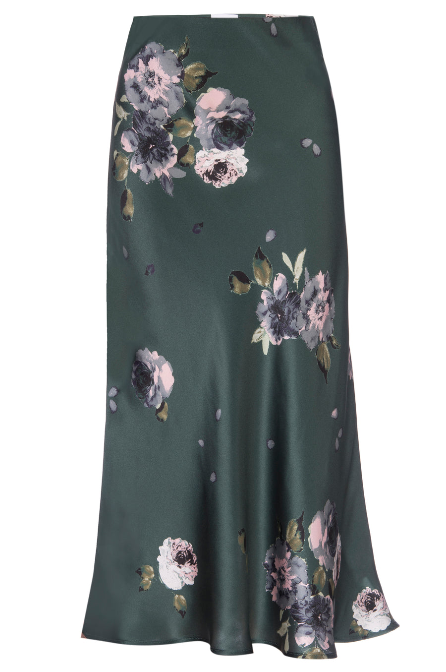 Silk Charmeuse 'Katie' Bias Skirt: Emerald Floral Print