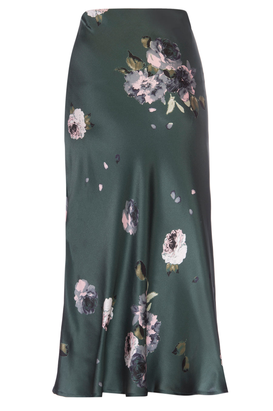Silk Charmeuse 'Katie' Bias Skirt: Emerald Floral Print