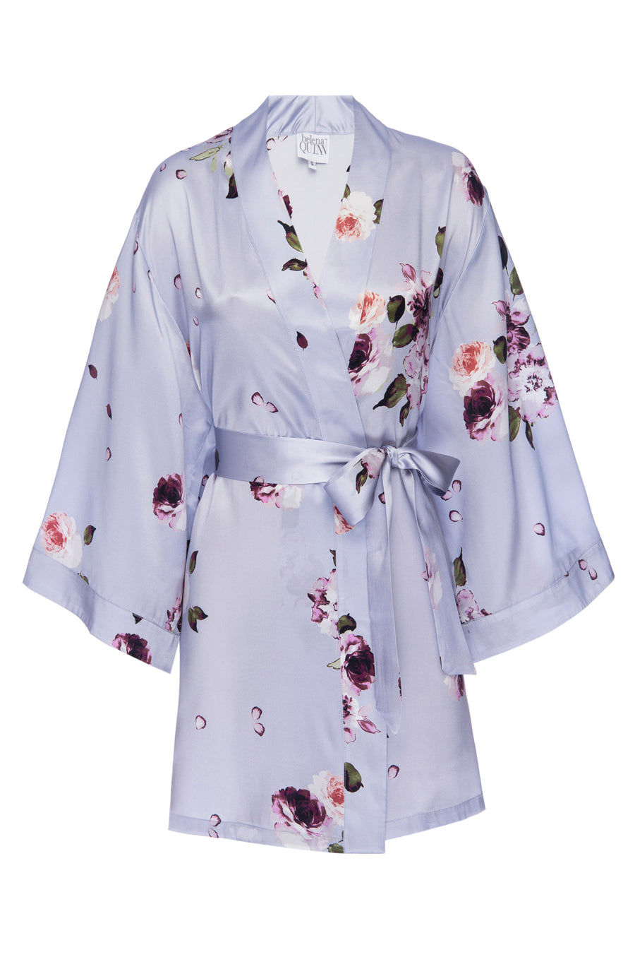 Silk Charmeuse Short Silk Robe: Light Blue Floral Print