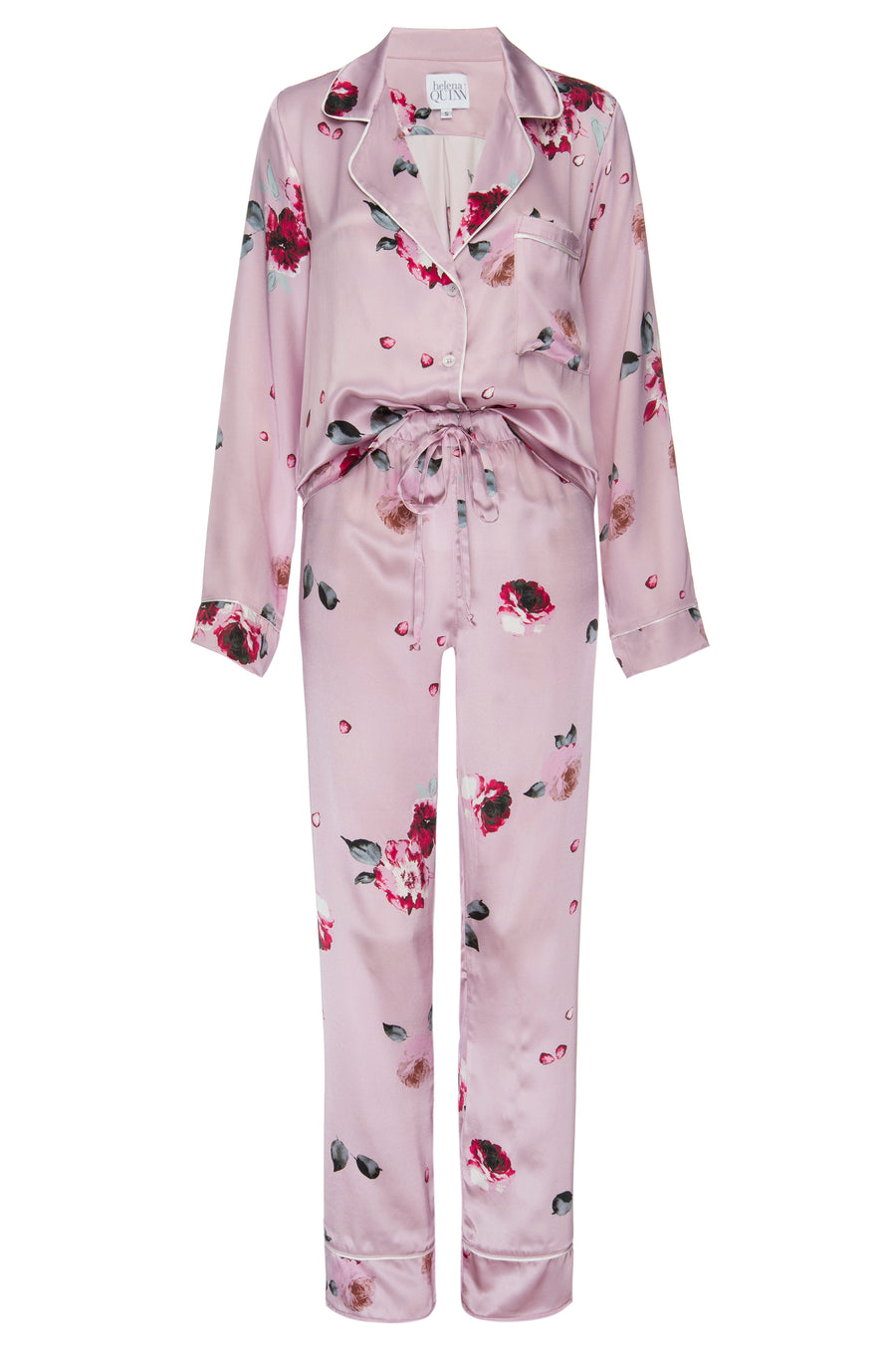 Silk Charmeuse Long Sleeved PJ Top + Pant Set: Blush and Crimson Rose Print