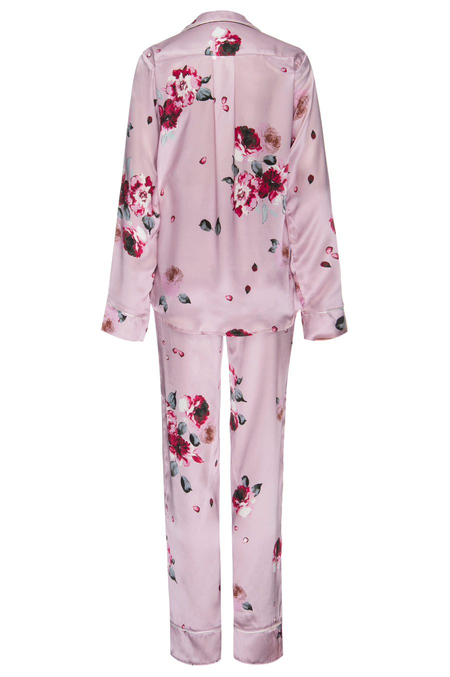 Silk Charmeuse Long Sleeved PJ Top + Pant Set: Blush and Crimson Rose Print