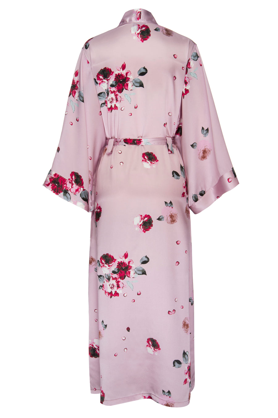 Silk Charmeuse Long Silk Robe: Blush and Crimson Rose Print