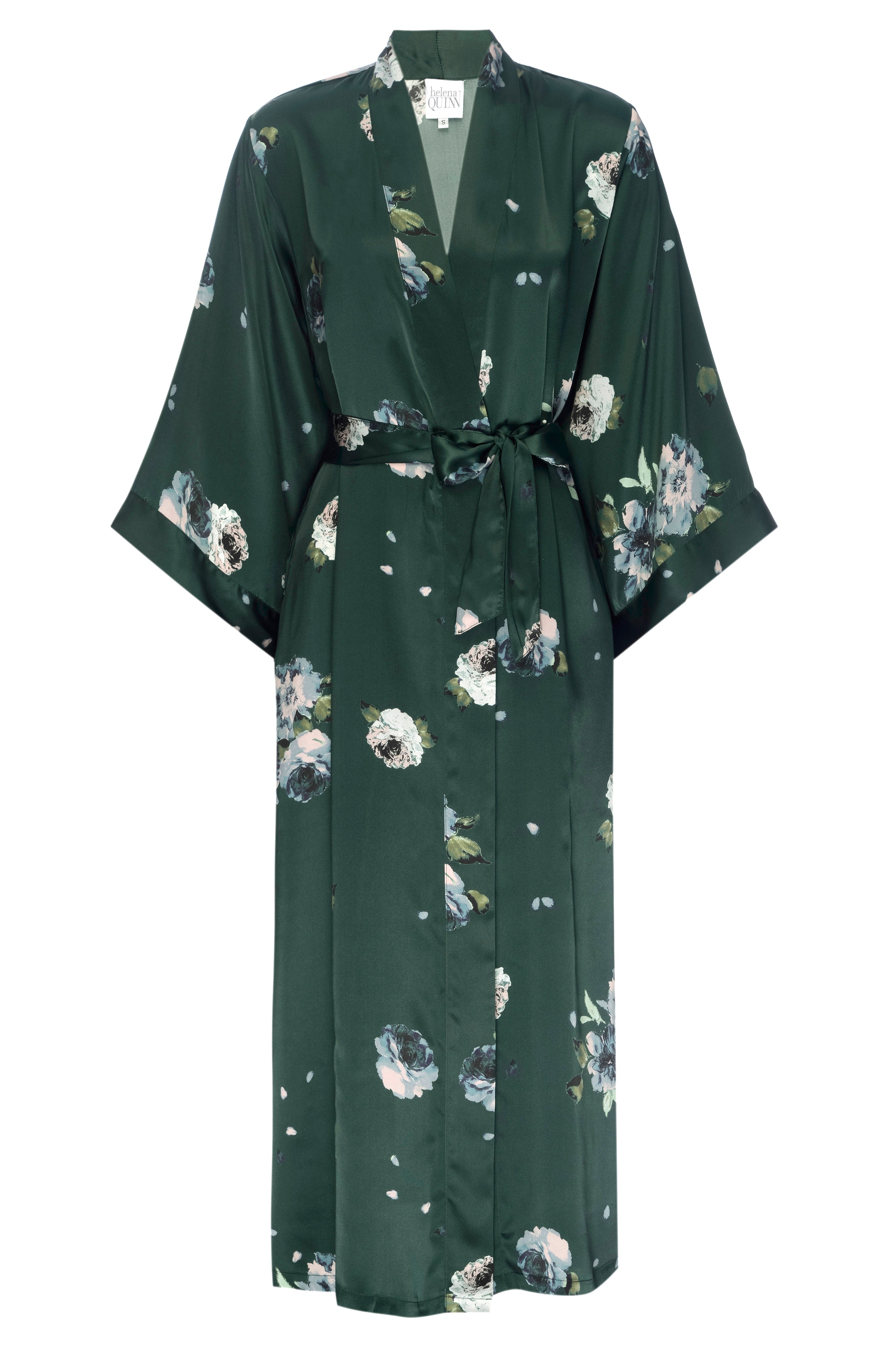 Silk Charmeuse Long Silk Robe: Emerald Rose Print Silk Robe – Helena Quinn