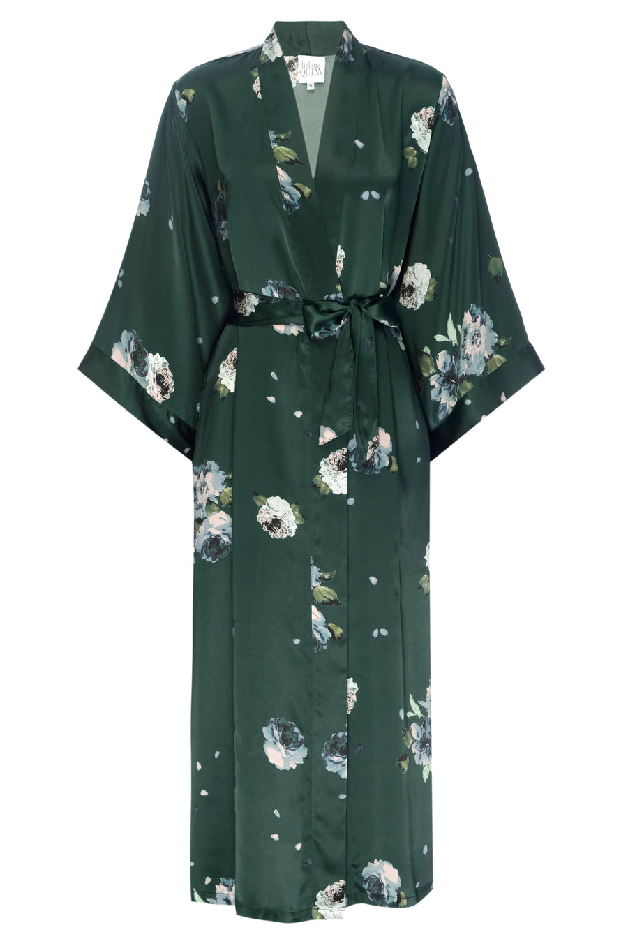 Silk Charmeuse Long Silk Robe: Emerald Rose Print Silk Robe