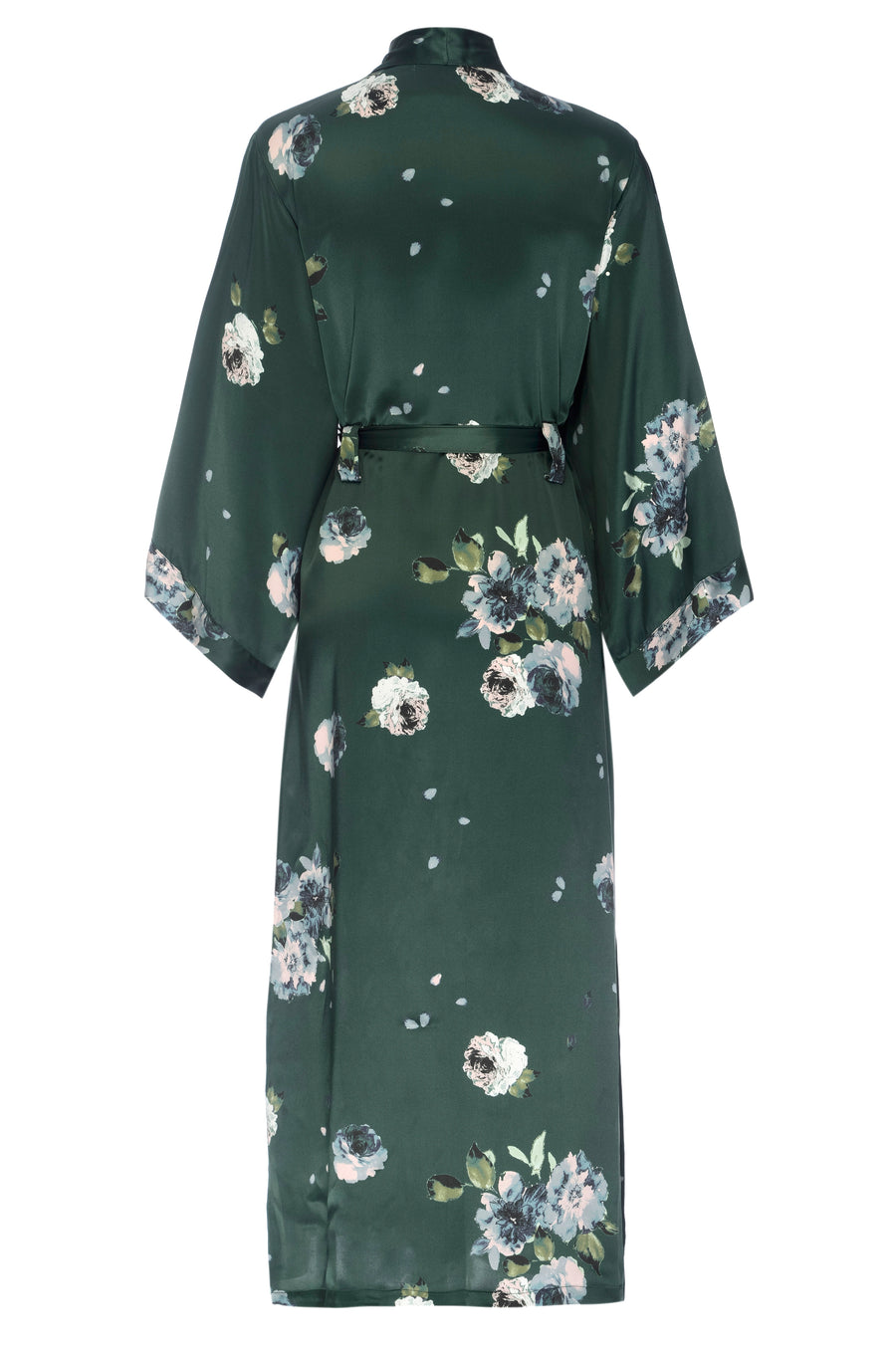 Silk Charmeuse Long Silk Robe: Emerald Rose Print Silk Robe