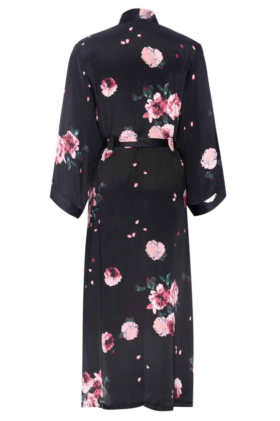 Silk Charmeuse Long Robe: Black Rose Print