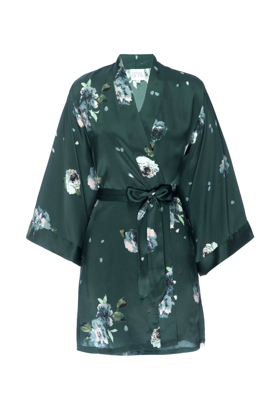 Silk Charmeuse Short Silk Robe: Emerald Rose Print