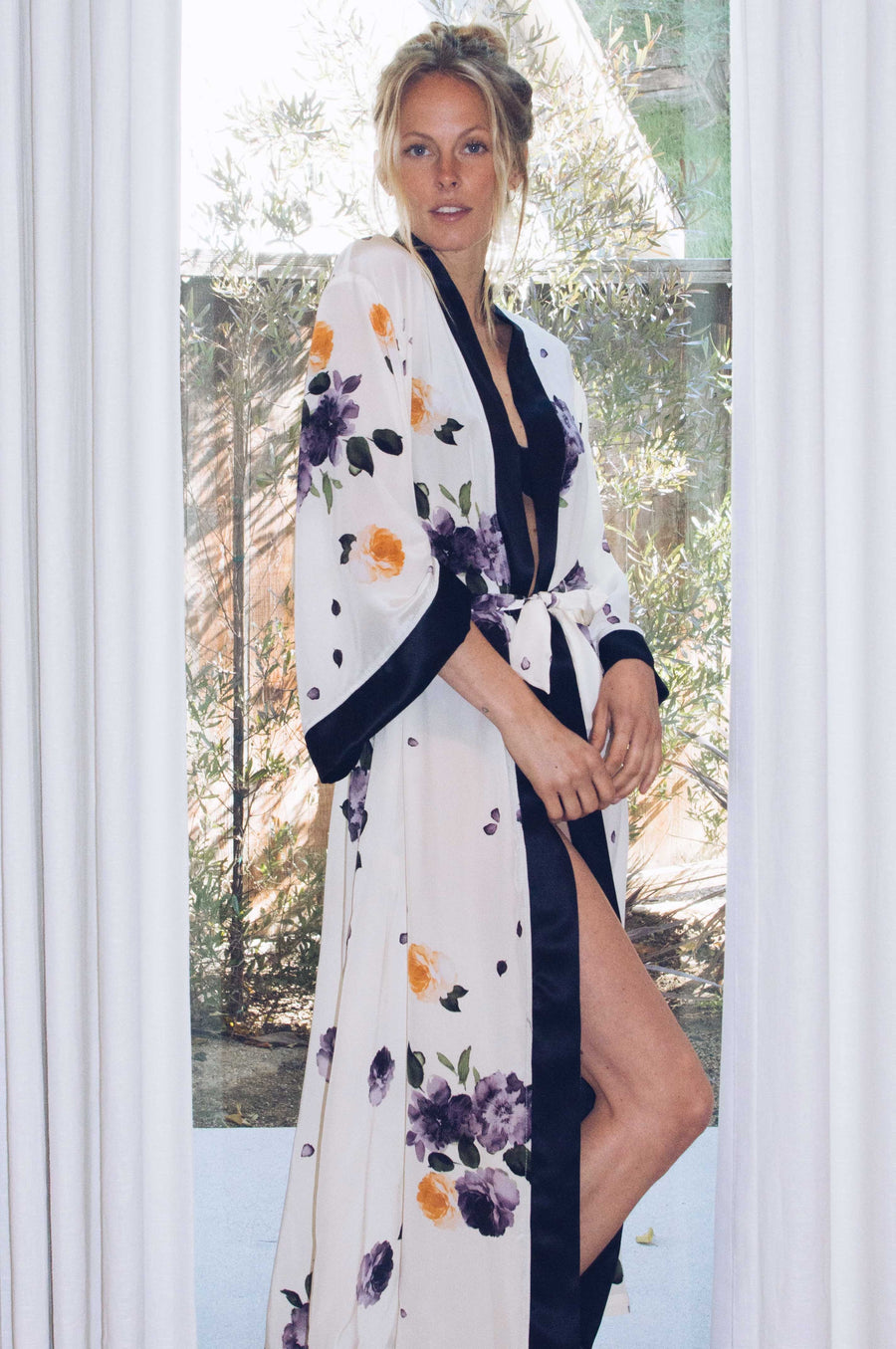 Silk Charmeuse Long Silk Robe: Garden Floral Print Robe